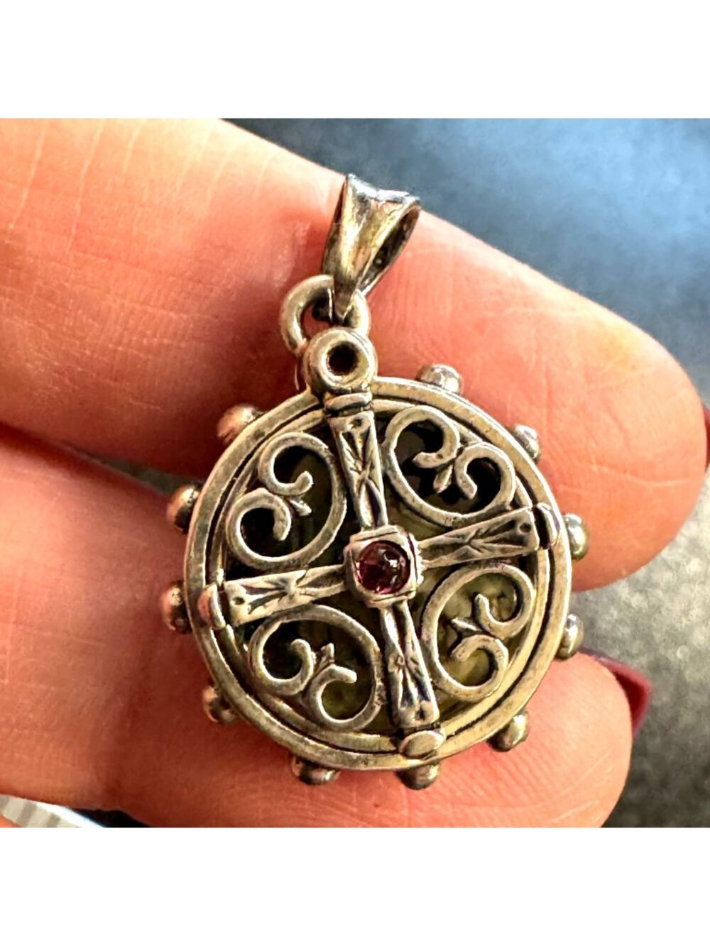 Sterling Silver 925 Round Scroll Cross Garnet Reversible Pendant Size 1.25"